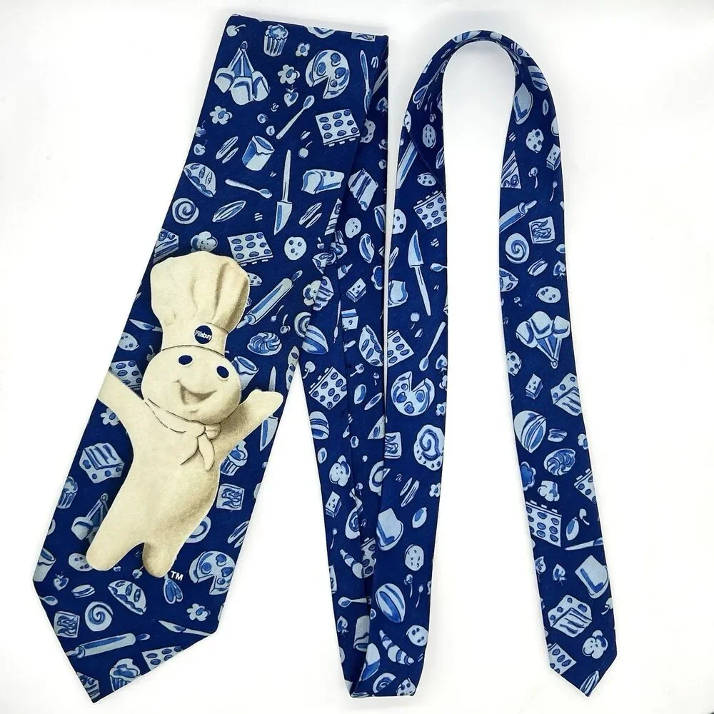 VTG Pillsbury Doughboy Cookin’ Neck Tie Blue AOP 1998 Ralph Marlin Baker Chef